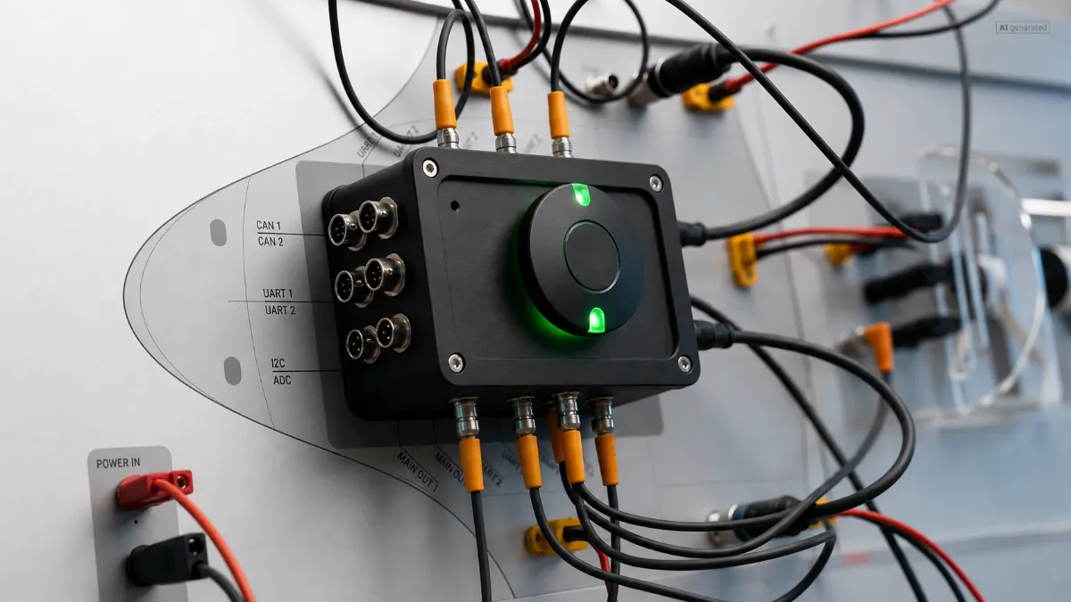 Flight controller with CAN, UART and I2C ports on the training wall